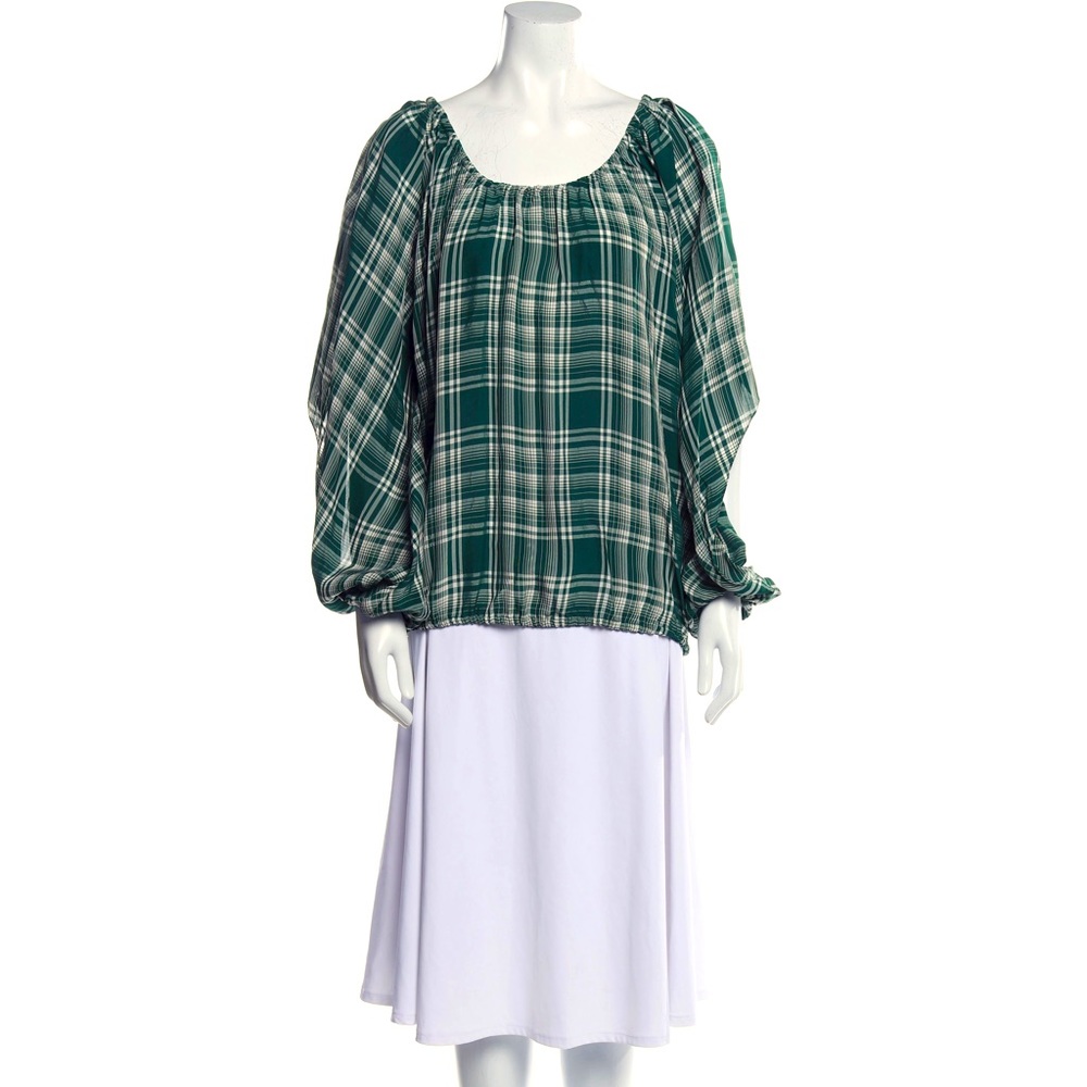 NWT Rosie Assoulin Women’s Blouse Plaid Print Scoop Neck Green Small